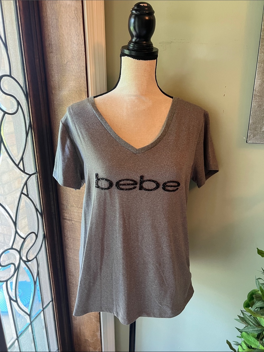 bebe Gray V-Neck Logo Short Sleeve Tee